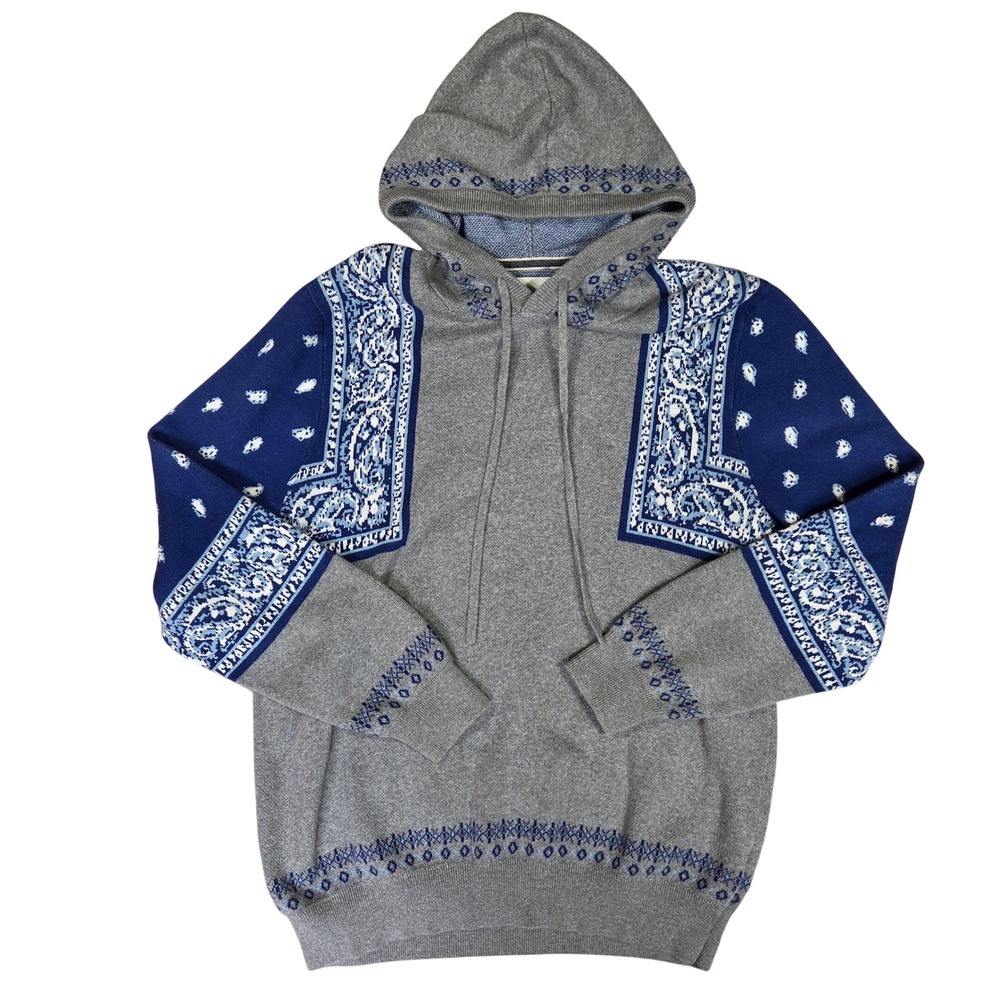 Sun + Stone Mens Large Grey Blue Bandana Print Cotton Knit Hooded Sweater L